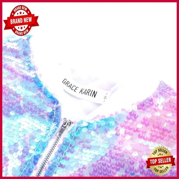 Girls Sequin Bomber Jacket Size 5-14 Polyester Viscose Windproof Zipper - Picture 2 of 7